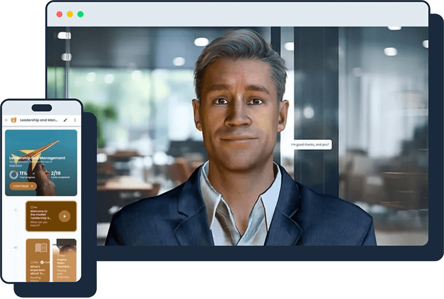 De virtuele AI-coach van DialogueTrainer in actie tijdens een simulatiegesprek – voorbeeld van gespreksvaardigheden trainen met AI